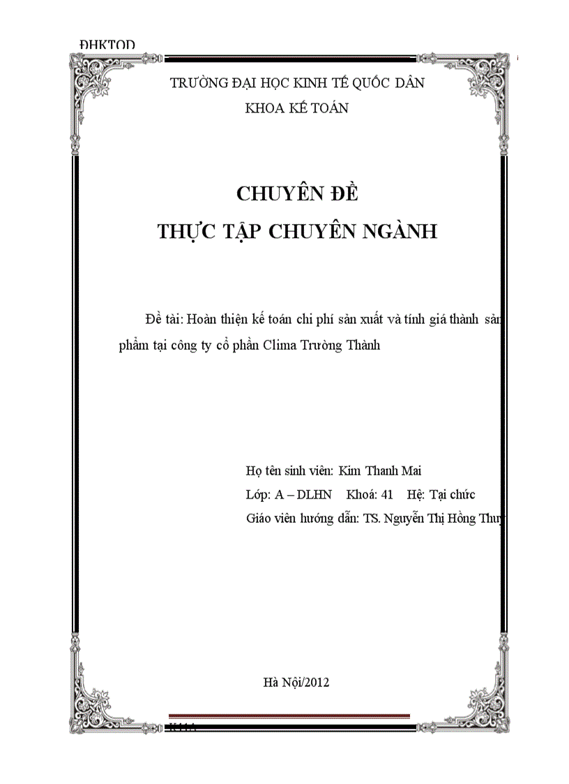 Hoàn thiện kế toán chi phí sản xuất và tính giá thành sản phẩm tại Công ty cổ phần Clima Trường Thành