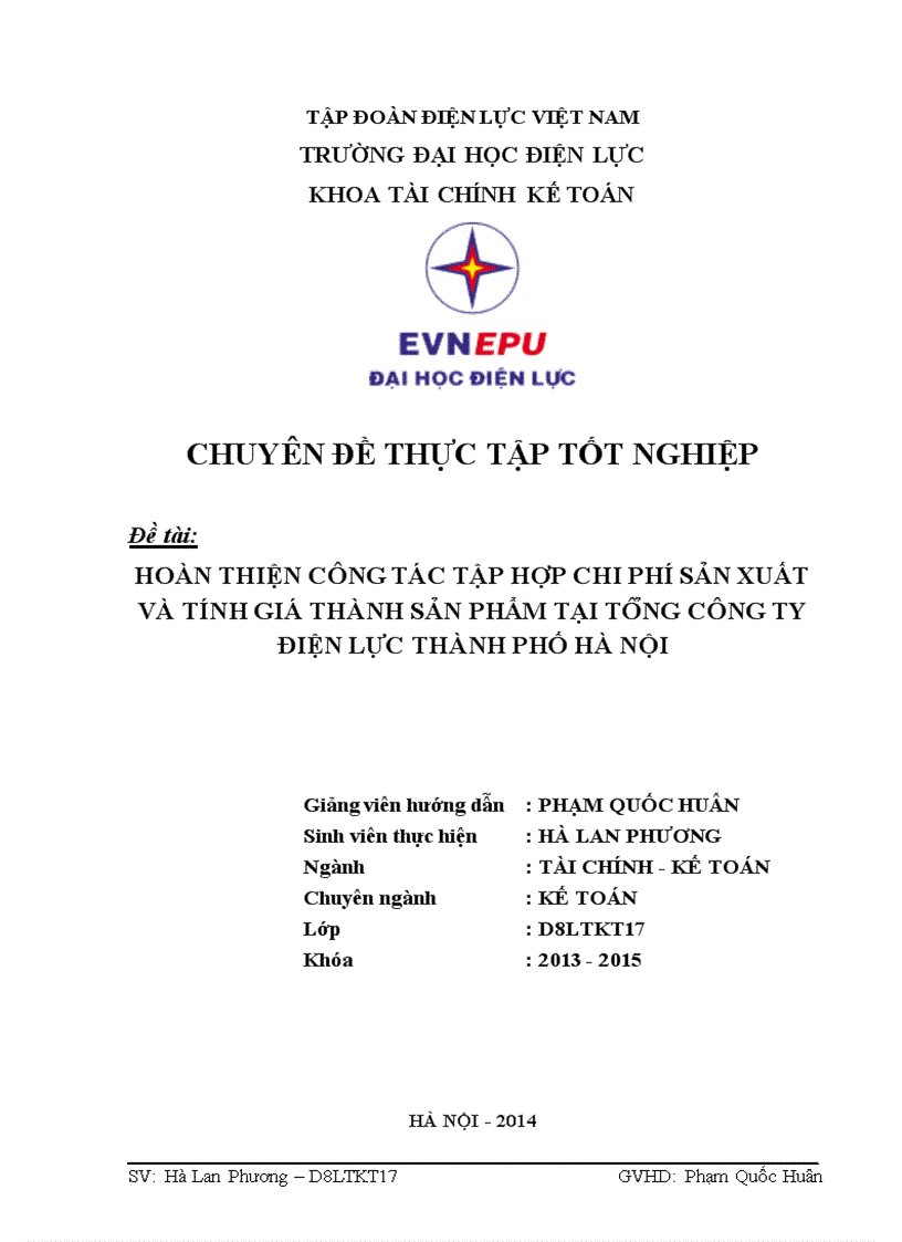 Hoàn thiện công tác tập hợp chi phí sản xuất và tính giá thành sản phẩm tại Tổng công ty Điện Lực Thành Phố Hà Nội
