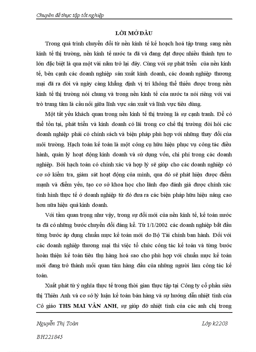 Hoàn thiện kế toán bán hàng tại Công ty cổ phần siêu thị Thiên Anh