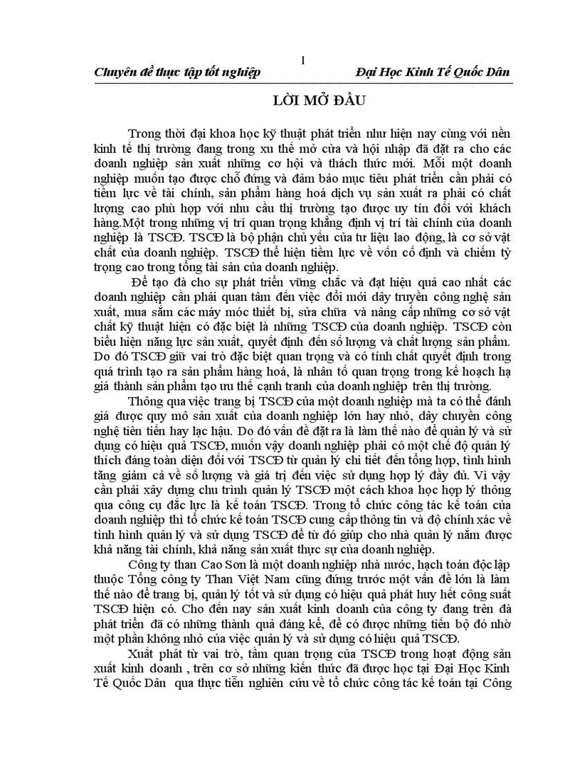 Tổ chức công tác kế toán Tài sản Cố định tại Công ty Cổ phần Than Cao Sơn