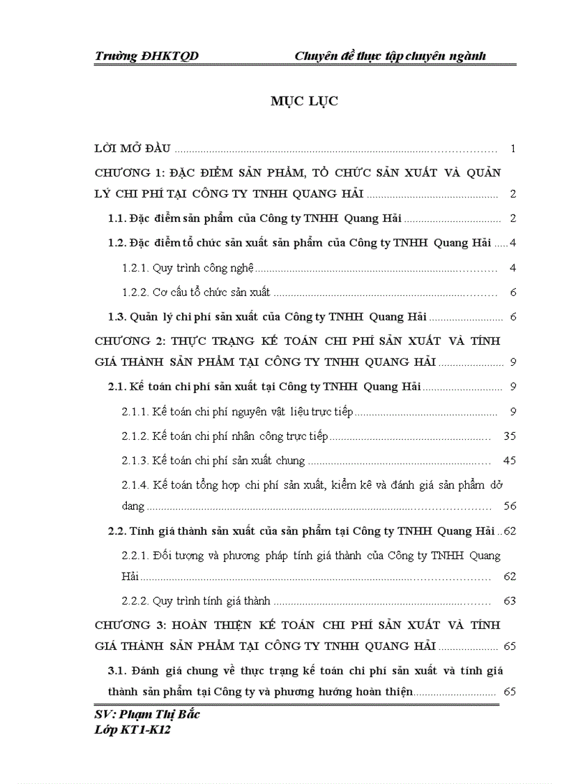 Hoàn thiện kế toán chi phí sản xuất và tính giá thành sản phẩm tại Công ty TNHH Quang Hải