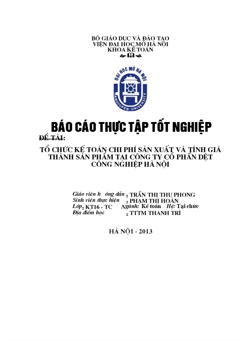 Tổ chức kế toán chi phí sản xuất và tính giá thành sản phẩm tại Công Ty Cổ Phần Dệt Công Nghiệp Hà Nội