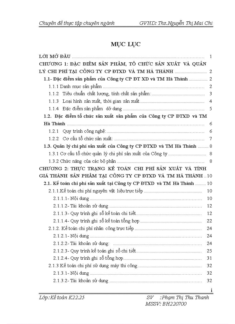 Hoàn thiện kế toán chi phí sản xuất và tính giá thành sản phẩm tại Công ty CPĐT và TM Hà Thành