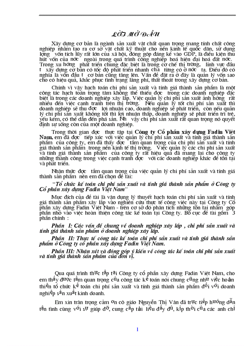 Tổ chức kế toán chi phí sản xuất và tính giá thành sản phẩm ở Công ty Cổ phần Xây dựng Fadin Việt Nam