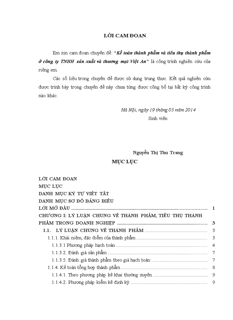 Kế toán thành phẩm và tiêu thụ thành phẩm ở công ty TNHH sản xuất và thương mại Việt An
