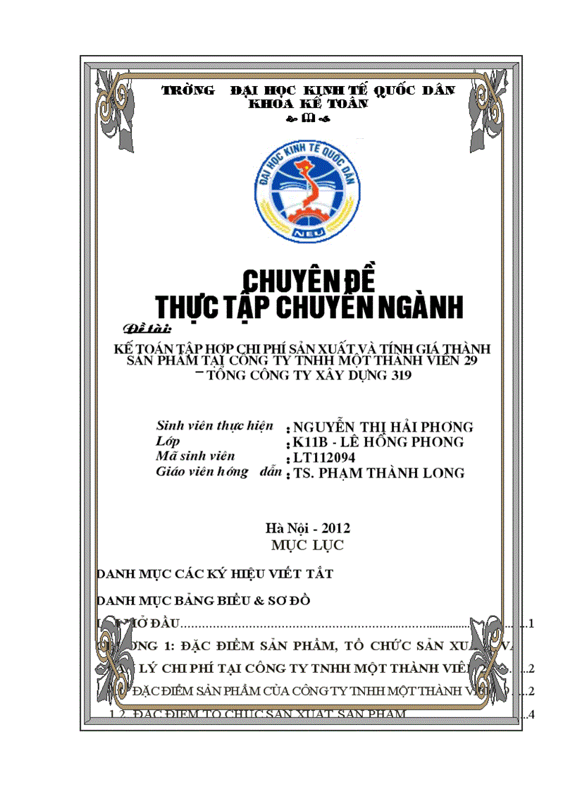 Kế toán tập hợp chi phí sản xuất và tính giá thành sản phẩm tại Công ty TNHH một thành viên 29 – Tổng Công ty xây dựng 319