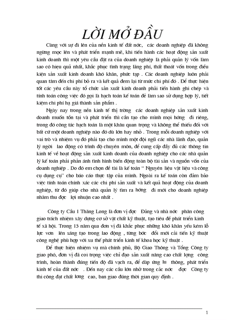 Kế toán Nguyên liệu vật liệu và công cụ dụng cụ Công ty Cầu 1 Thăng Long