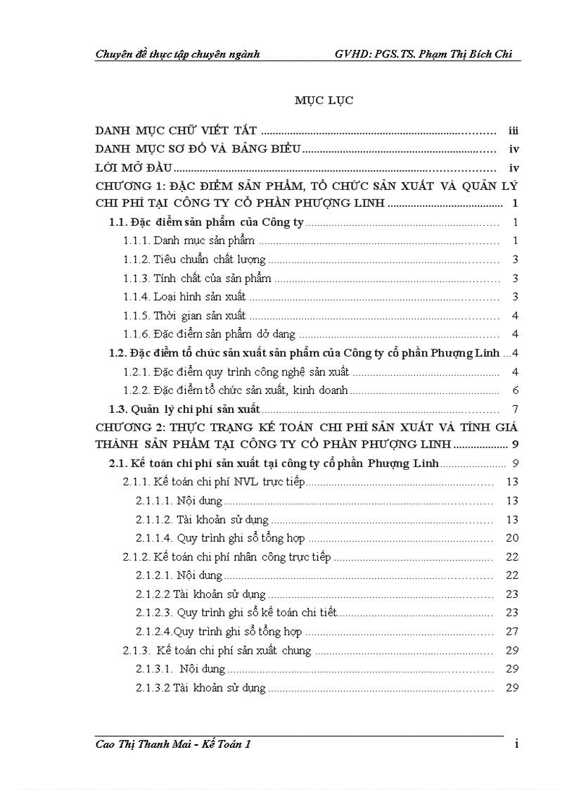 Kế toán chi phí sản xuất và tính giá trình sản phẩm tại Công ty Cổ Phần phượng Linh