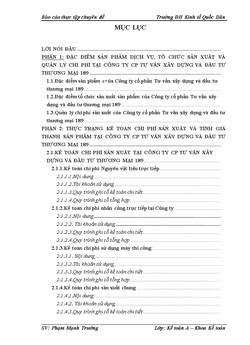 ’’Hoàn thiện kế toán chi phí sản xuất và tính giá thành sản phẩm xây lắp trong Công ty cổ phần Tư vấn xây dựng và đầu tư thương mại 189
