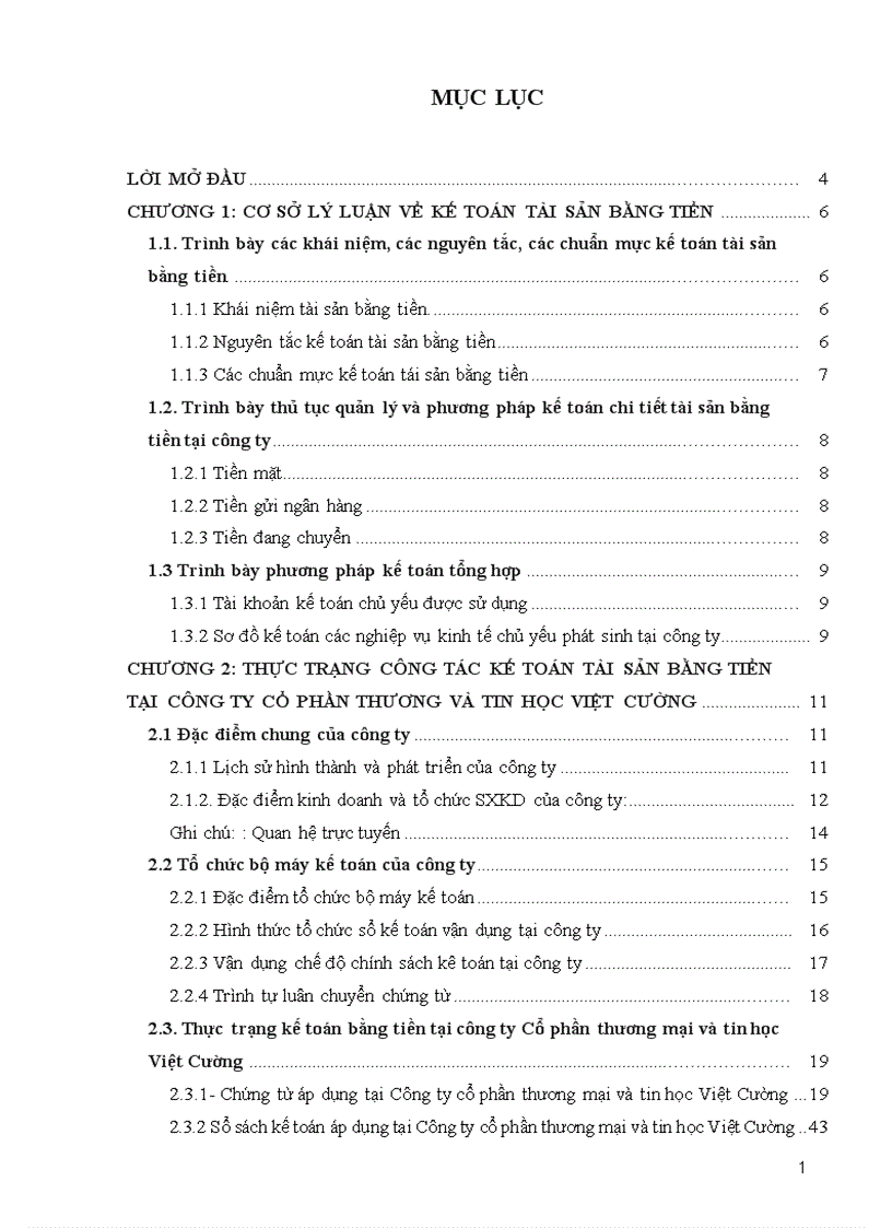 Hạch toán kế toán tài sản bằng tiền tại công ty cổ phần Thương mại và Tin học Việt Cường