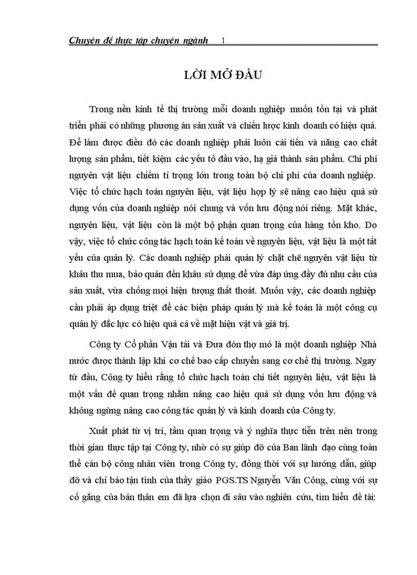 Kế toán nguyên vật liệu tại Công ty Cổ phần Vận tải và Đưa đón thợ mỏ