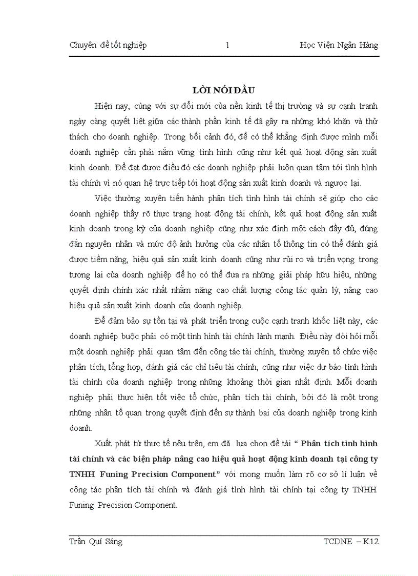 Phân tích tình hình tài chính và các biện pháp nâng cao hiệu quả hoạt động kinh doanh tại công ty TNHH Funing Precision Component