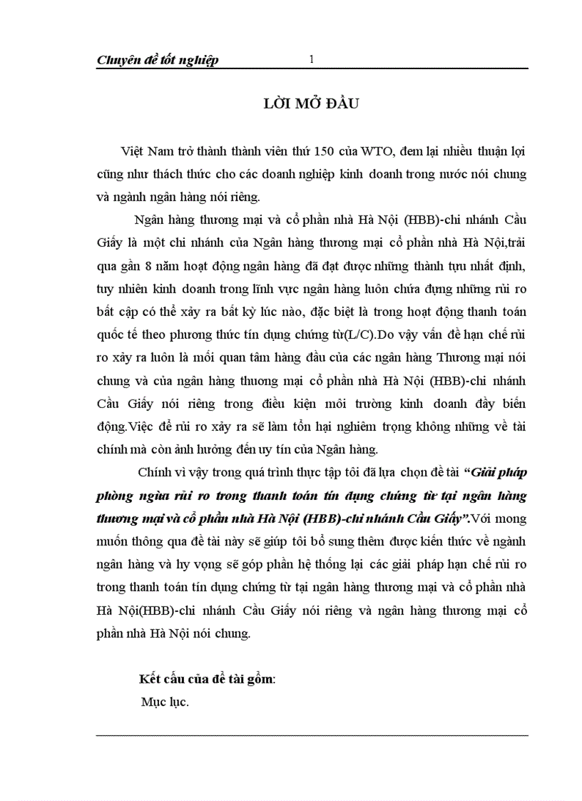 Giải pháp phòng ngừa rủi ro trong thanh toán tín dụng chứng từ tại ngân hàng thương mại và cổ phần nhà Hà Nội (HBB) - Chi nhánh Cầu Giấy