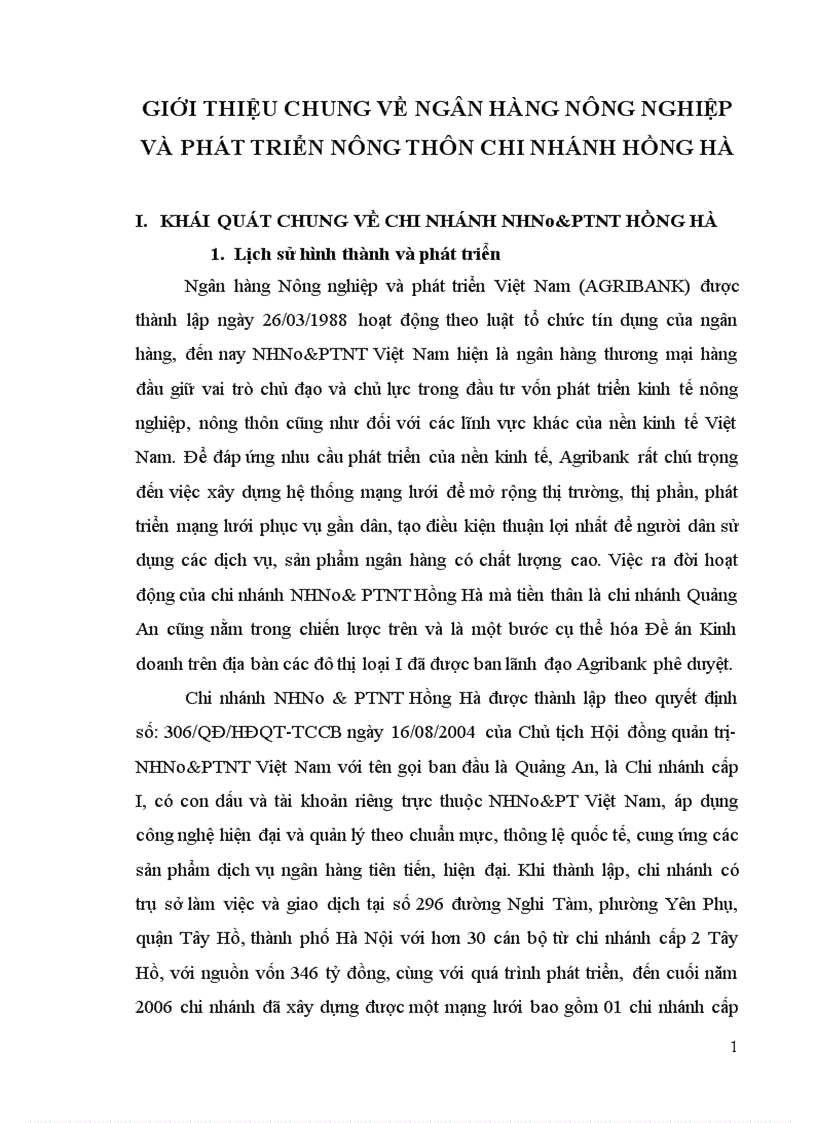 Báo cáo tổng hợp về Ngân hàng nông nghiệp và phát triển nông thôn chi nhánh Hồng Hà