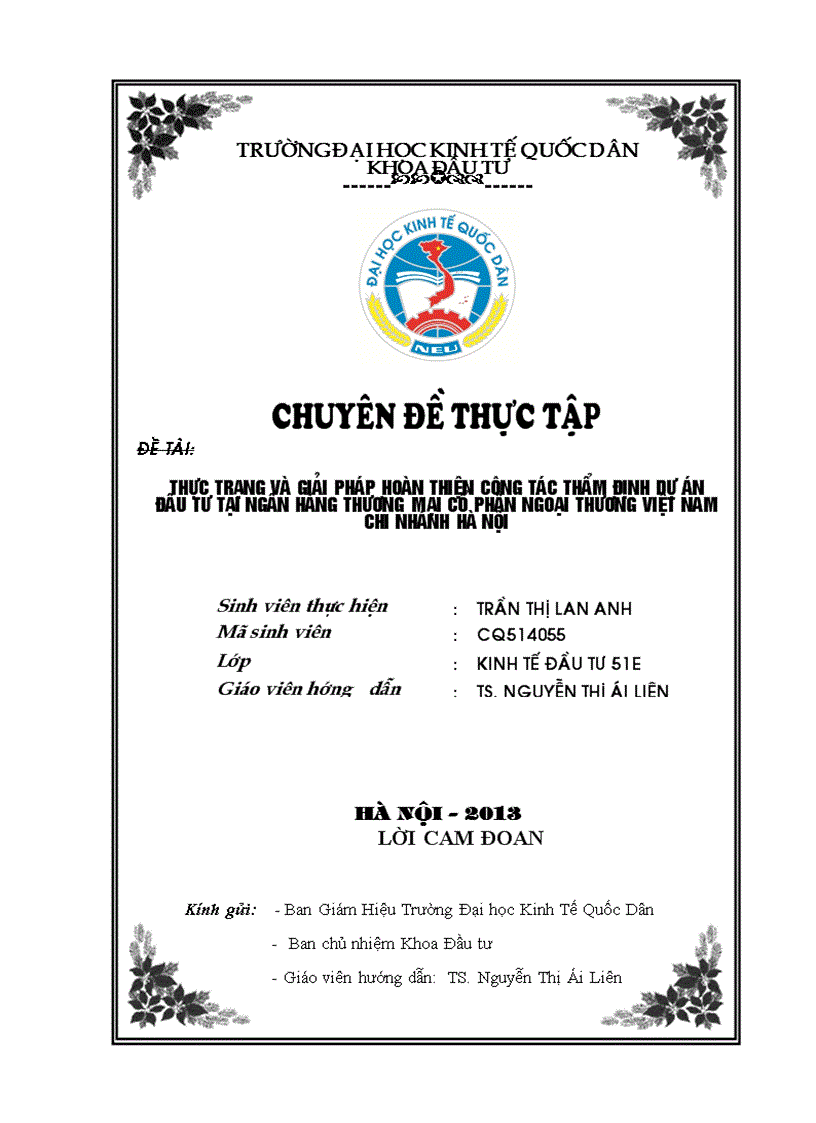 Thực trạng và giải pháp hoàn thiện công tác thẩm định dự án đầu tư tại Ngân hàng thương mại cổ phần Ngoại thương Việt Nam – Chi nhánh Hà Nội