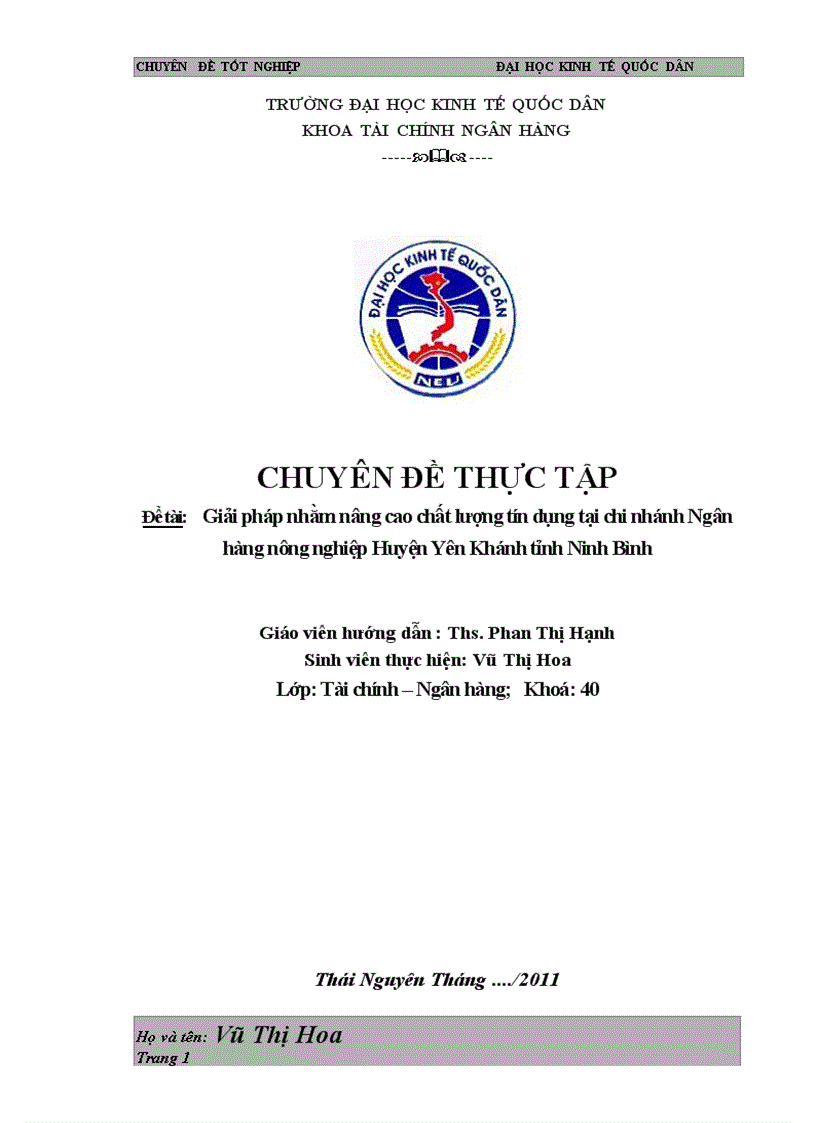 Giải pháp nhằm nâng cao chất lượng tín dụng tại chi nhánh Ngân hàng nông nghiệp Huyện Yên Khánh tỉnh Ninh Bình