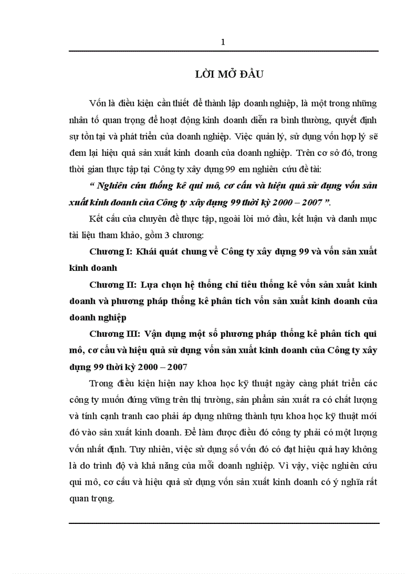 Nghiên cứu thống kê quy mô, cơ cấu và hiệu quả sử dụng vốn sản xuất kinh doanh của Công ty xây dựng 99 thời kỳ 2000 - 2007