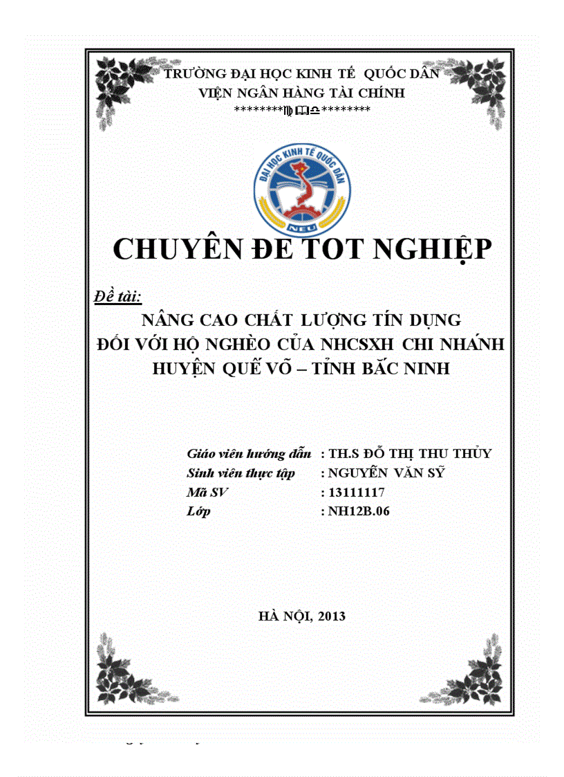 Nâng cao chất lượng tín dụng đối với hộ nghèo của Ngân hàng Chính sách Xã hội chi nhánh huyện Quế võ tỉnh Bắc Ninh