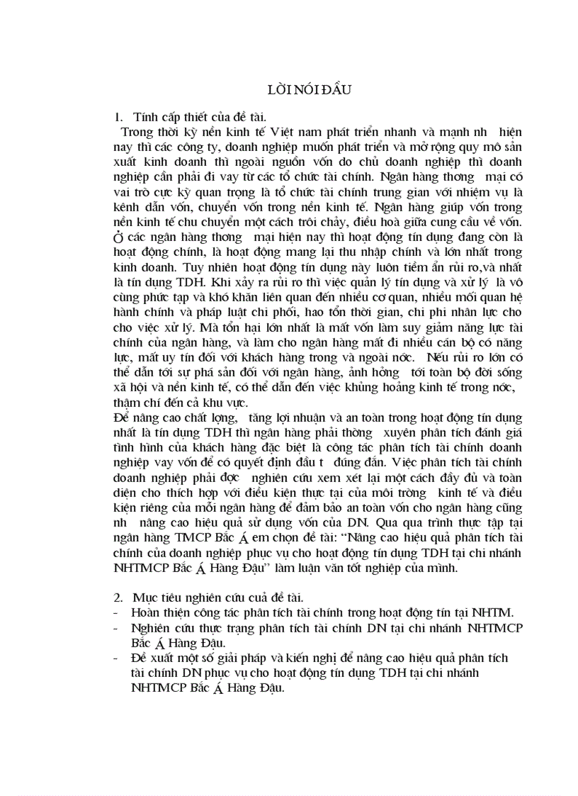 Nâng cao hiệu quả phân tích tài chính của doanh nghiệp phục vụ cho hoạt động tín dụng TDH tại chi nhánh NHTMCP Bắc á Hàng Đậu
