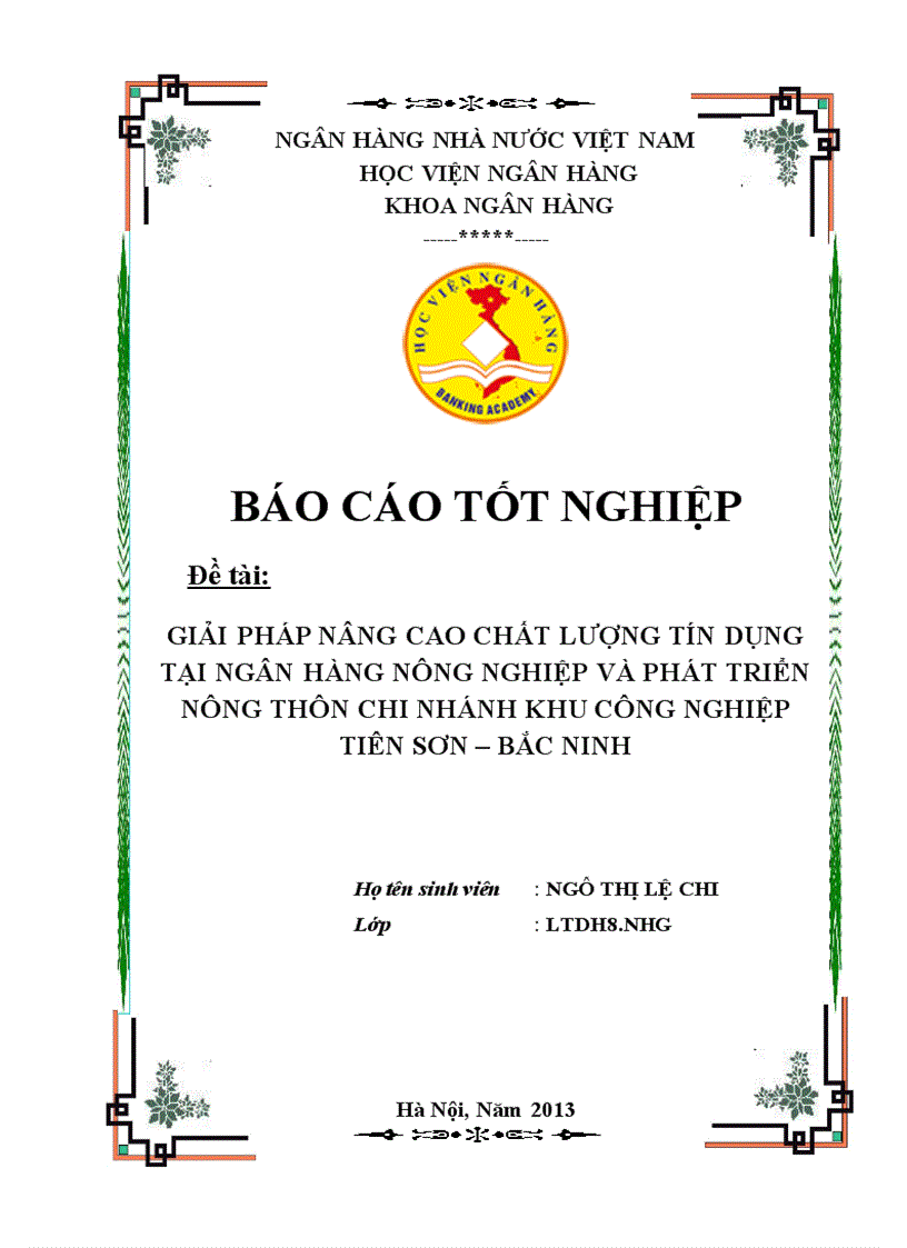 Giải pháp nâng cao chất lượng tín dụng tại chi nhánh ngân hàng nông nghiệp và phát triển nông thôn khu công nghiệp Tiên Sơn