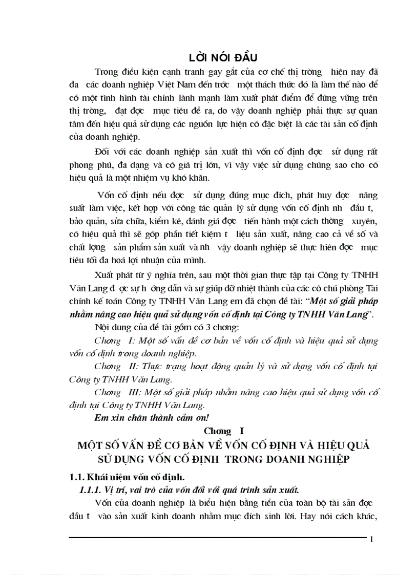 Một số giải pháp nhằm nâng cao hiệu quả sử dụng vốn cố định tại Công ty TNHH Văn Lang