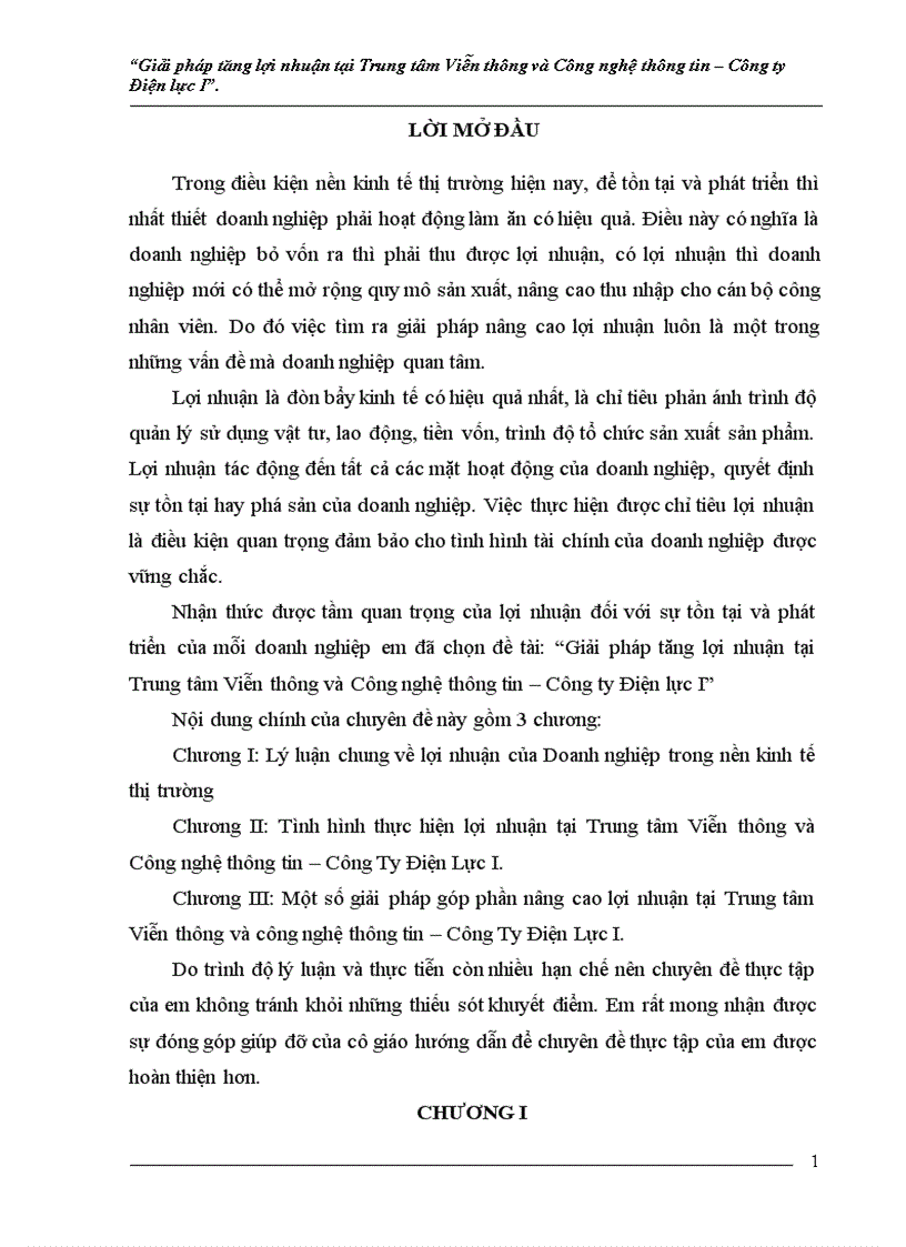 Giải pháp tăng lợi nhuận tại Trung tâm Viễn thông và Công nghệ thông tin - Công ty Điện lực I