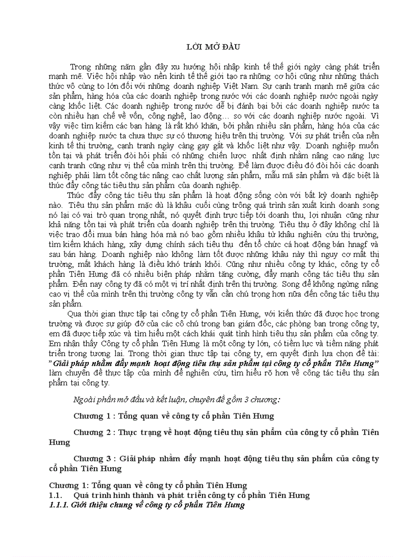 Giải pháp nhằm đẩy mạnh hoạt động tiêu thụ sản phẩm tại công ty cổ phần Tiên Hưng