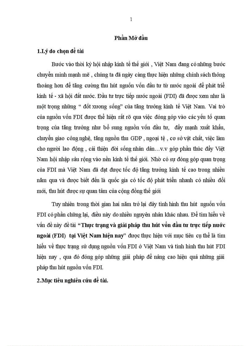 Thực trạng và giải pháp thu hút vốn đầu tư trực tiếp nước ngoài (FDI)  tại Việt Nam hiện nay