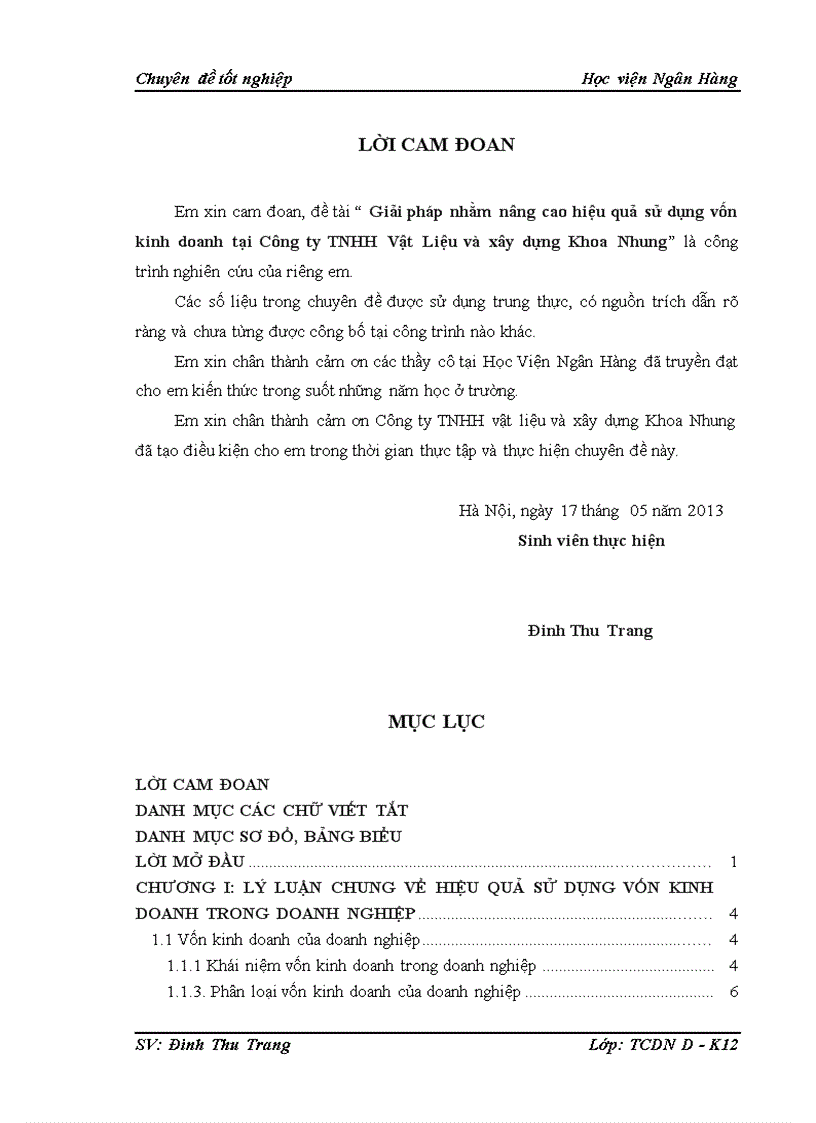 Giải pháp nhằm nâng cao hiệu quả sử dụng vốn kinh doanh tại Công ty TNHH Vật Liệu và xây dựng Khoa Nhung