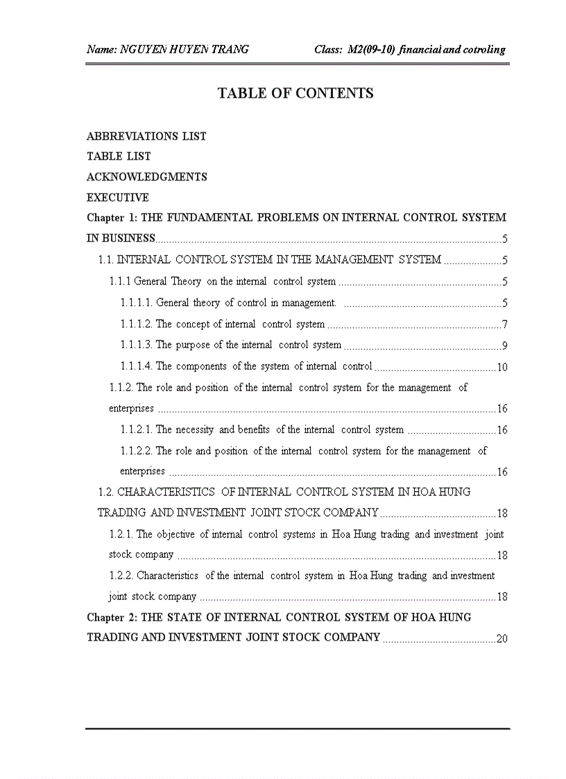 Improving the internal control system in Hoa Hung trading and investment  joint stock company