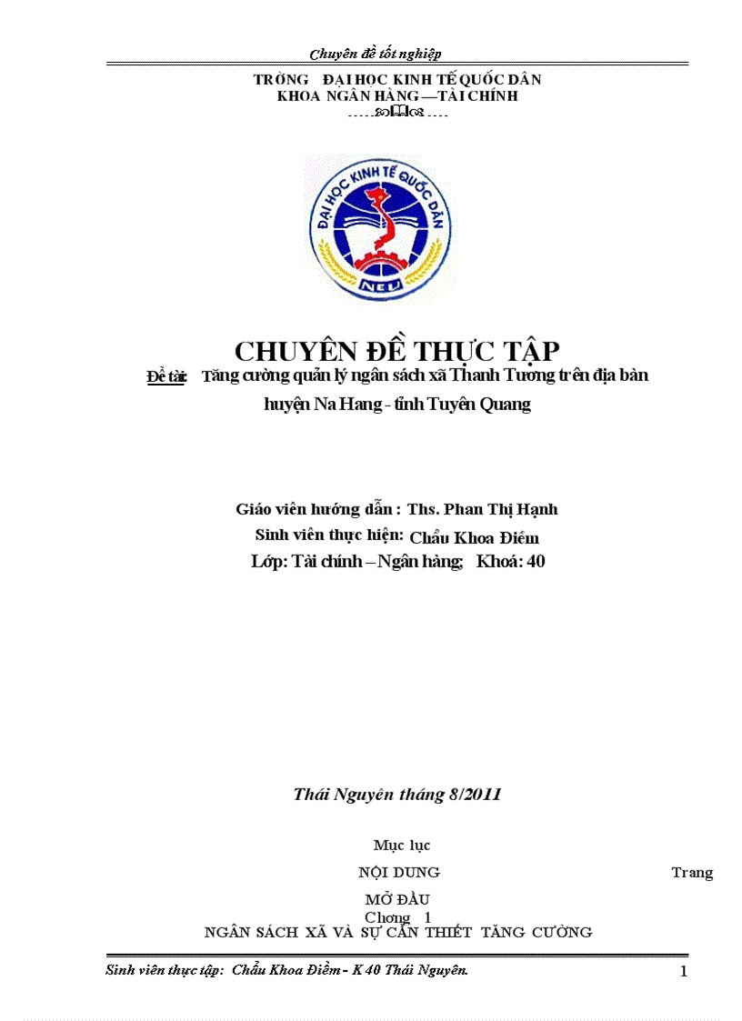 Tăng cường công tác quản lý thu - chi ngân sách trên địa bàn xã Thanh Tương - Huyện Na Hang - tỉnh Tuyên Quang