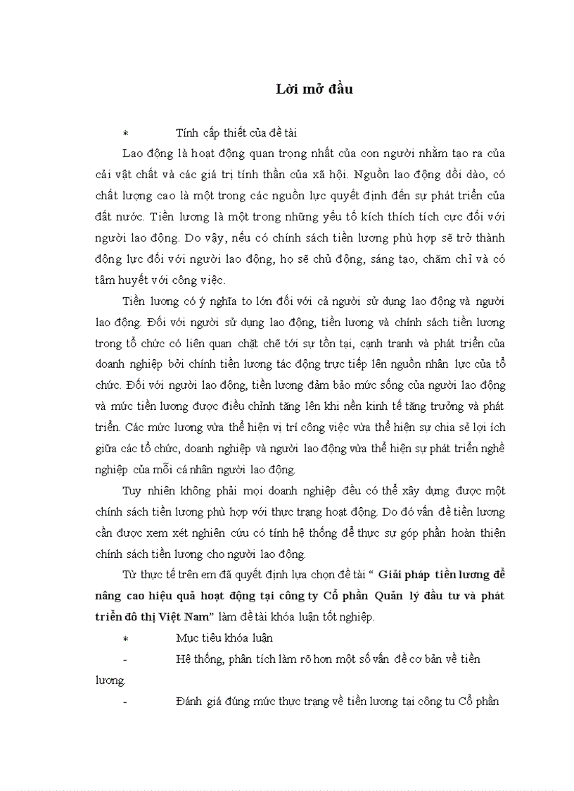 Giải pháp tiền lương để nâng cao hiệu quả hoạt động tại công ty Cổ phần Quản lý đầu tư và phát triển đô thị Việt Nam