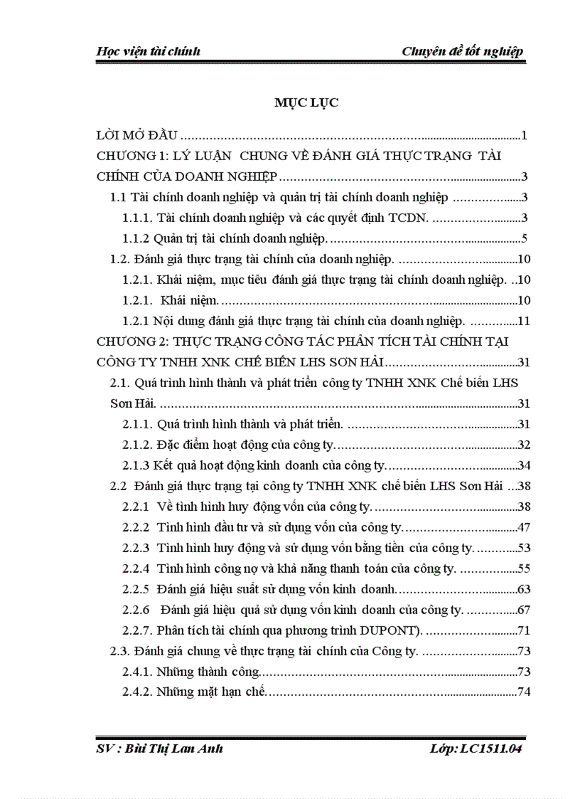 Đánh giá thực trạng tài chính và các giải pháp cải thiện tình hình tài chính tại công ty TNHH XNK chế biến LHS Sơn Hải
