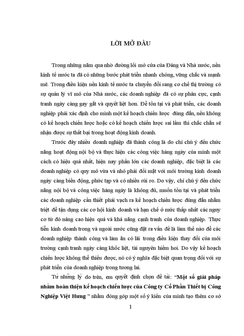 Một số giải pháp nhằm hoàn thiện kế hoạch chiến lược của Công ty Cổ Phần Thiết bị Công Nghiệp Việt Hưng