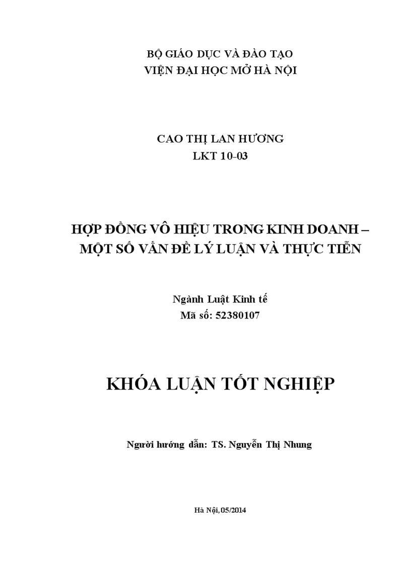 Hợp đồng vô hiệu trong   kinh doanh - Một số vấn đề lí luận và thực tiễn