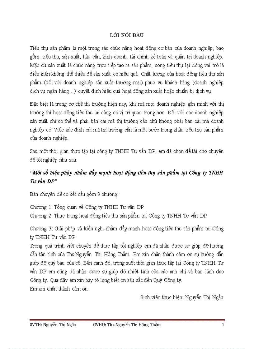 MỘT số biện pháp nhằm đẩy mạnh hoạt động tiêu thụ sản phẩm tại Công ty TNHH Tư vấn DP