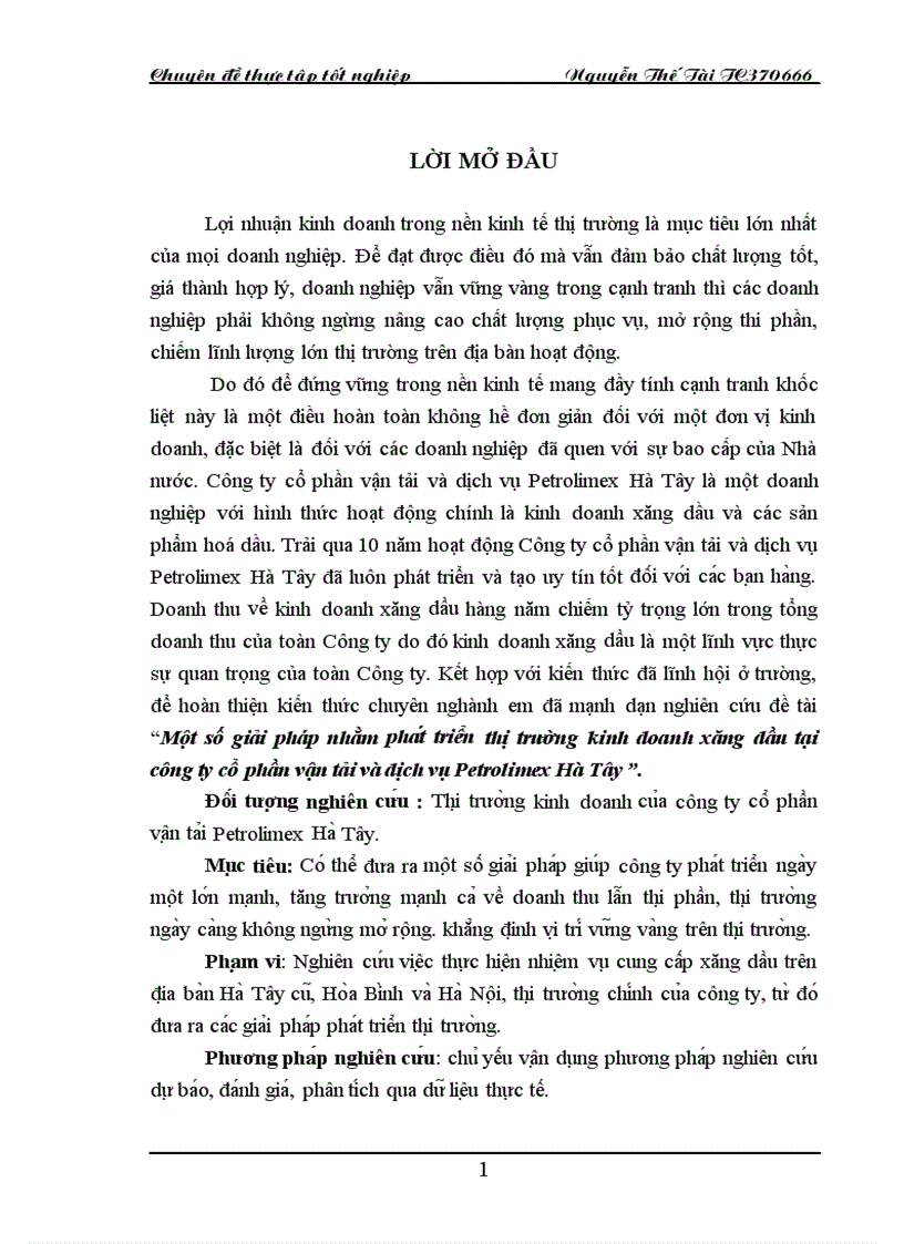 Một số giải pháp nhằm phát triển thị trường kinh doanh xăng dầu tại công ty cổ phần vận tải và dịch vụ Petrolimex Hà Tây