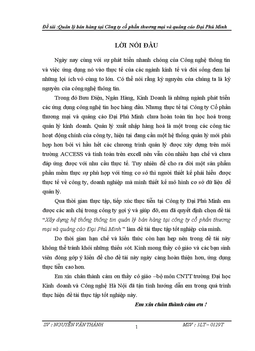Xây dựng hệ thống thông tin quản lý bán hàng tại công ty cổ phần thương mại và quảng cáo Đại Phú Minh