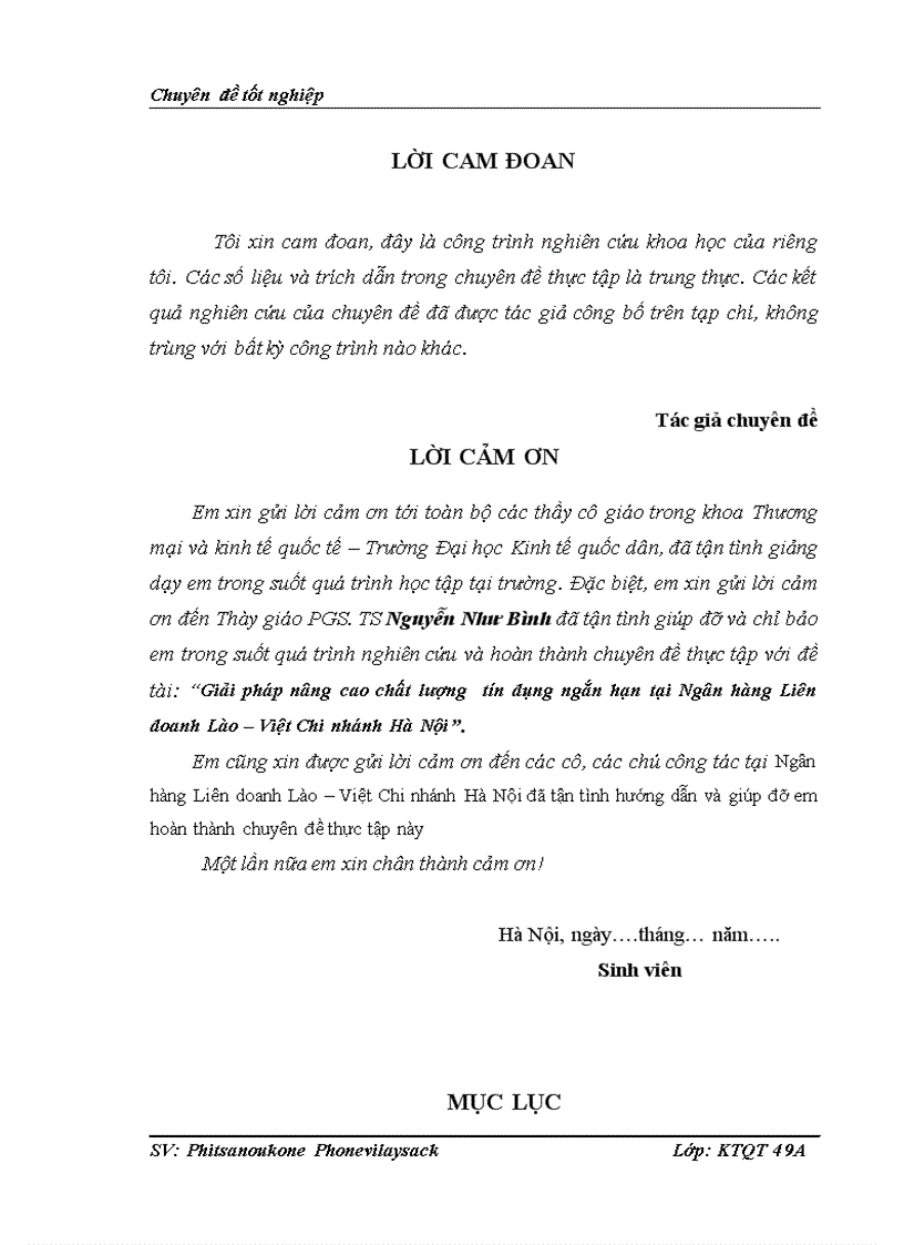 Giải pháp nâng cao chất lượng  tín dụng ngắn hạn tại Ngân hàng Liên doanh Lào – Việt Chi nhánh Hà Nội