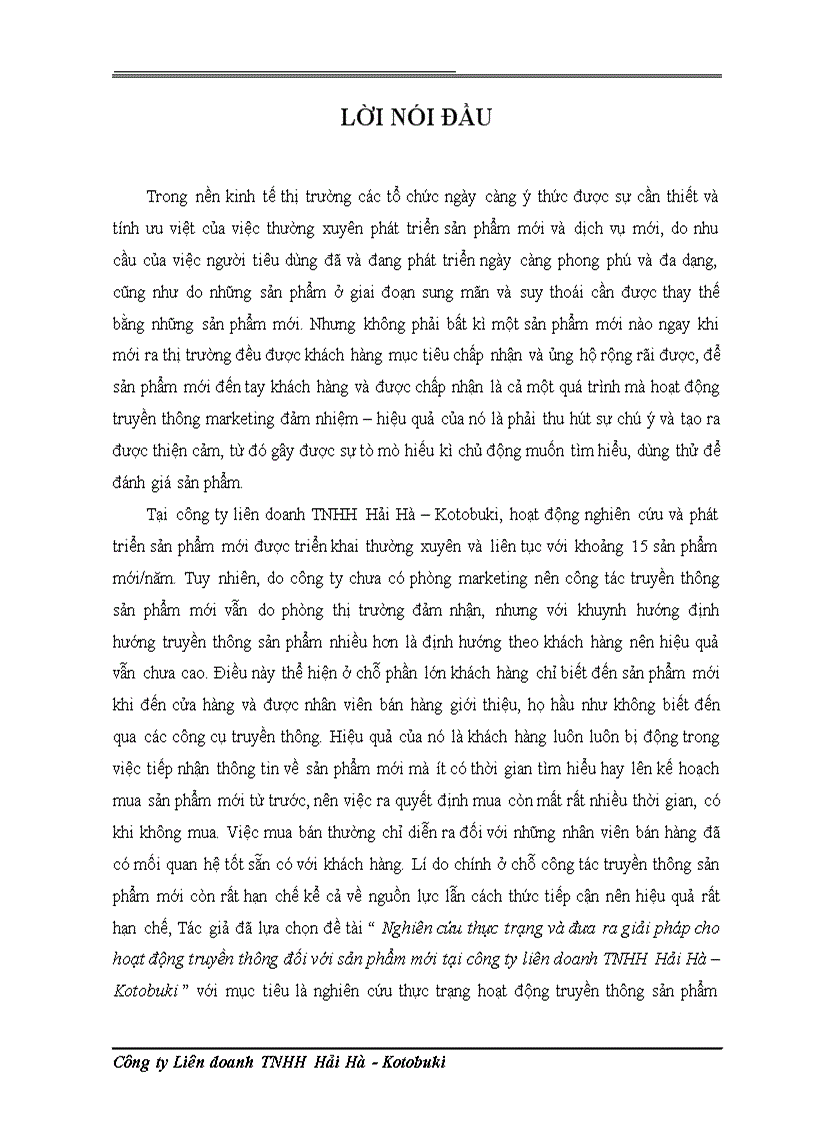 Nghiên cứu thực trạng và đưa ra giải pháp cho hoạt động truyền thông đối với sản phẩm mới tại Công ty liên doanh TNHH Hải Hà - Kotobuki