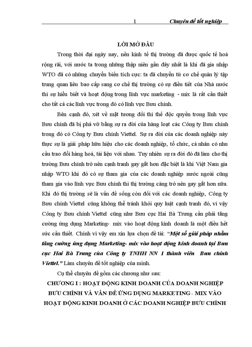 Một số giải pháp nhằm tăng cường ứng dụng Marketing - Mix vào hoạt động kinh doanh tại Bưu cục Hai Bà Trưng của Công ty TNHH nhà nước một thành viên bưu chính Viettel