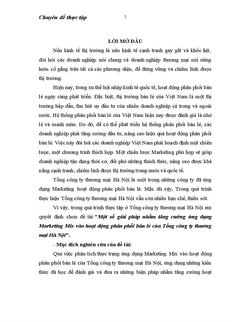 Một số giải pháp nhằm tăng cường ứng dụng Marketing Mix vào hoạt động phân phối bán lẻ của Tổng Công ty Thương mại Hà Nội