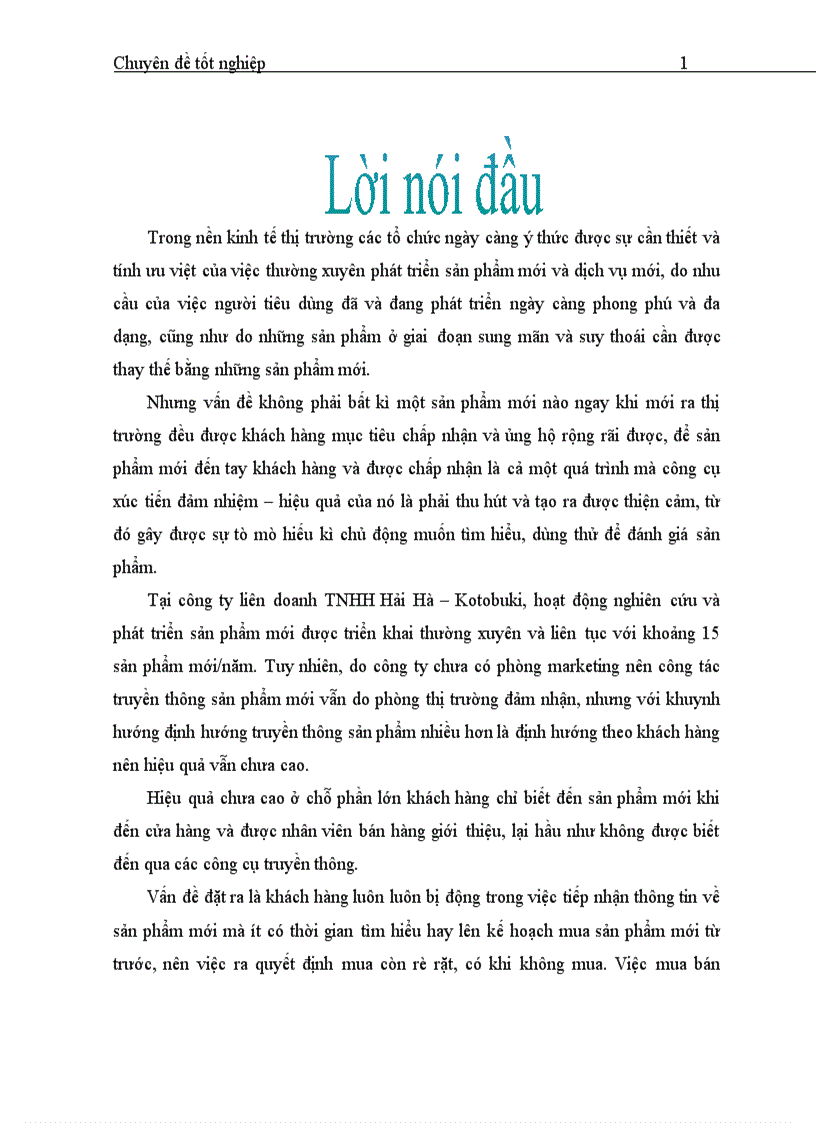 Nghiên cứu thực trạng và đưa ra giải pháp cho hoạt động truyền thông sản phẩm mới tại Công ty Liên doanh TNHH Hải Hà - Kotobuki