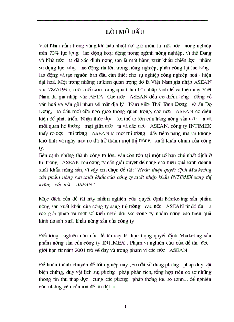 Mar SP nông sản XK của cty XNK INTIMEX sang TT các nước ASEAN