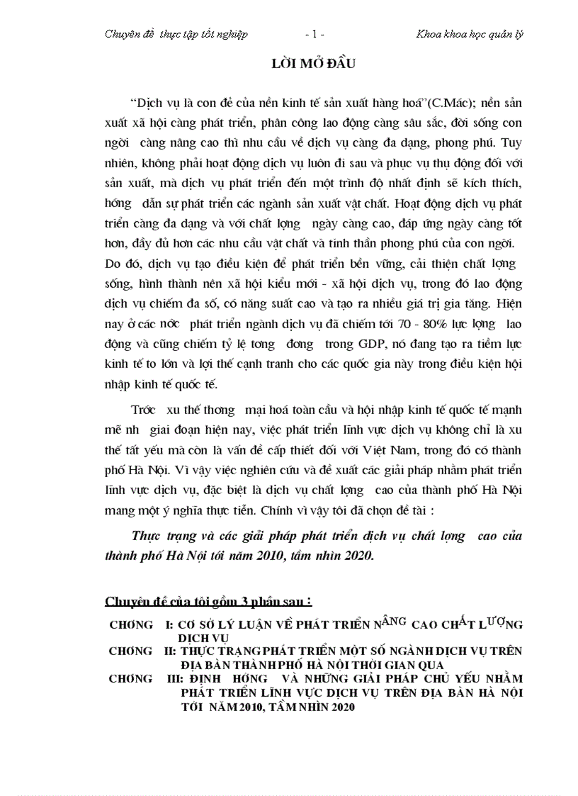 Thực trạng và các giải pháp phát triển dịch vụ chất lượng cao của Thành phố Hà Nội tới năm 2010, tầm nhìn 2020