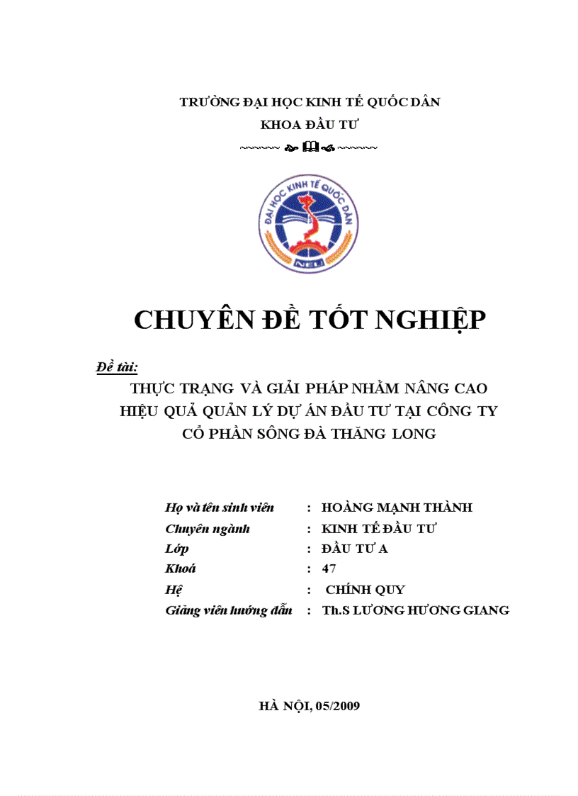 Thực trạng và giải pháp nhằm nâng cao hiệu quả quản lý dự án đầu tư tại công ty Cổ phần Sông Đà Thăng Long