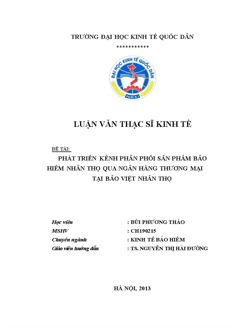 Phát triển kênh phân phối sản phẩm bảo hiểm nhân thọ qua ngân hàng thương mại tại Bảo Việt Nhân thọ