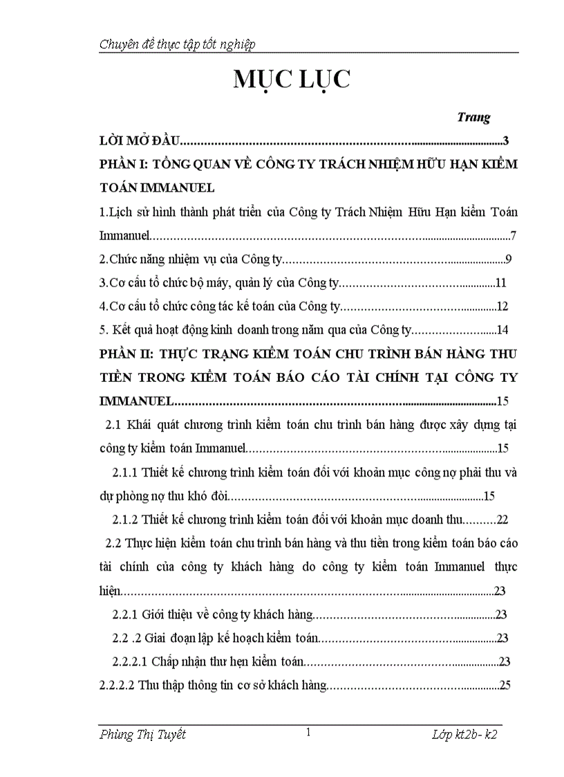 Thực trạng kiểm toán chu trình bán hàng thu tiền trong kiểm toán báo cáo tài chính tại công ty IMANUEL