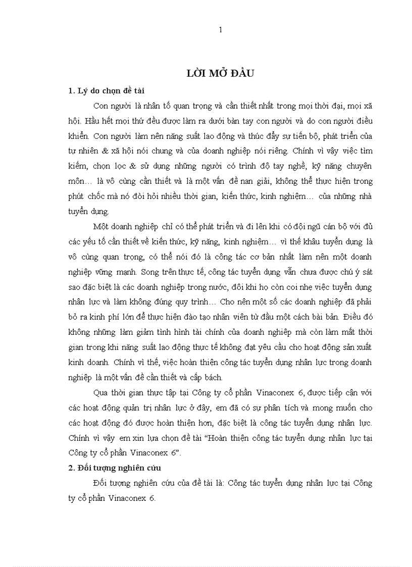 Phân tích thực trạng công tác tuyển dụng nhân lực tại công ty cổ phần Vinaconex 6