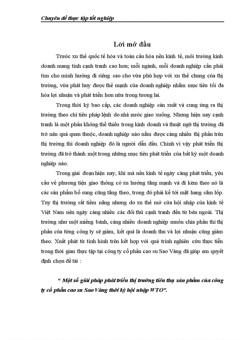 Một số giải pháp phát triển thị trường tiêu thụ sản phẩm của Công ty Cổ phần Cao su Sao Vàng thời kỳ hội nhập WTO